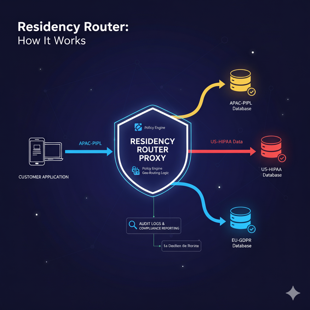 Diagram showing the Residency Router Proxy intercepting traffic and routing data to EU-GDPR, US-HIPAA, and APAC-PIPL compliant databases.